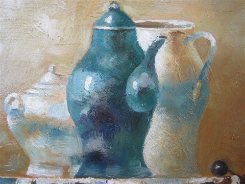 Pottery Pitchers Original Oil on Board Painting Still Life Quality Frame 13 x 11 gallery