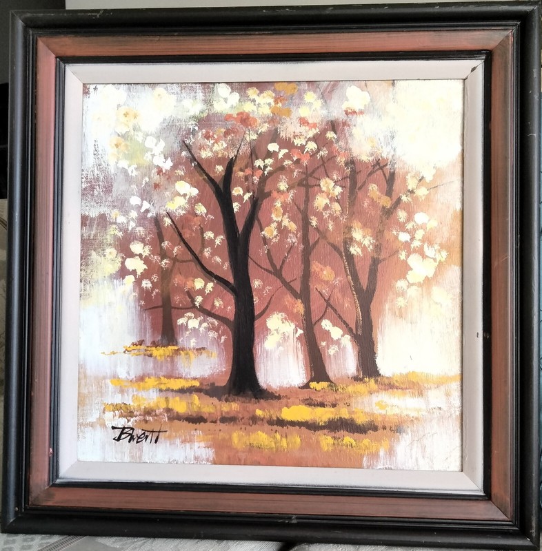 Four Trees in Fall Painting by Brent, Framed 18 x 18 x 2