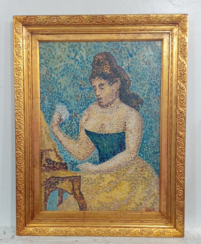 ANTIQUE OIL ON CANVAS GEORGES PIERRE SEURAT 1888 WITH FRAME IN GOLDEN LEAF NICE