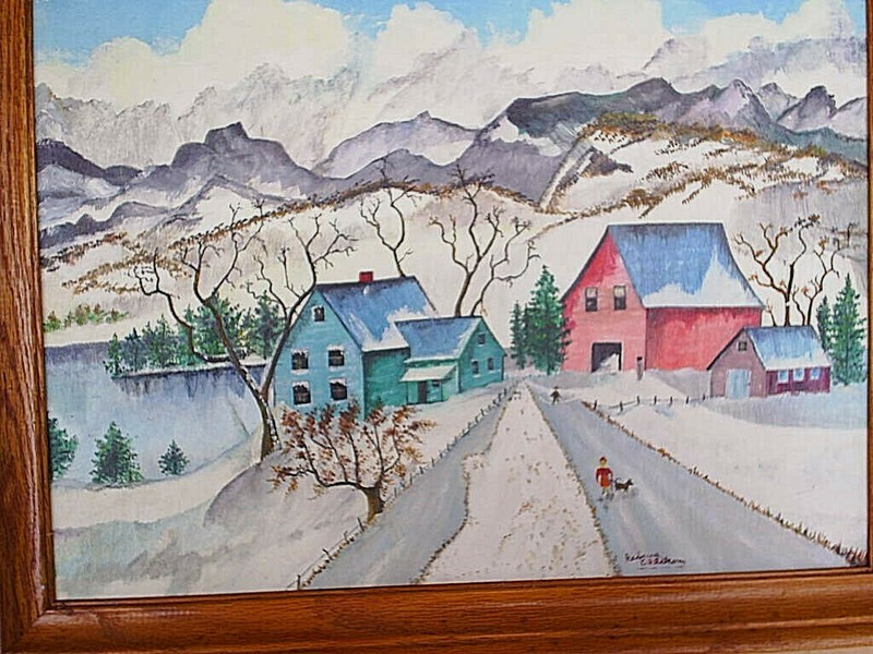 1963 CANVAS OIL PAINTING WINTER FARM SCENE SIGNED Rebeca Ahlstrom,necedah wi