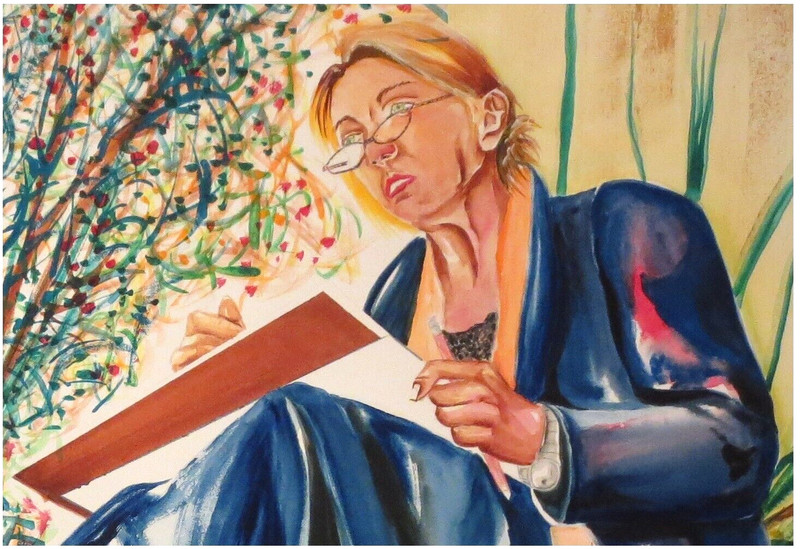 LOW PRICE! LARGE 26"X20" ORIG PAINTING "WOMAN SITTING ON WALL" w CHINA RED STAMP gallery