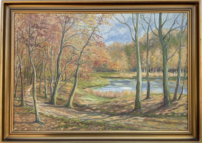Impressionist Large Autumn Forest Landscape Oil Painting Signed Einar Olsen