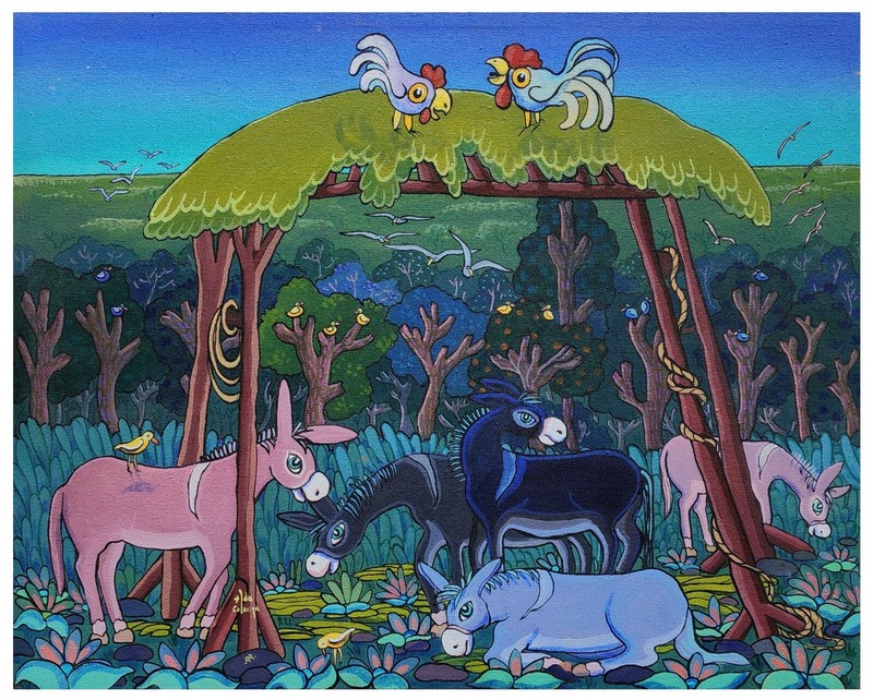 Signed Original Painting by Mexican Artist ADA COLORINA “Burritos en la Choza»