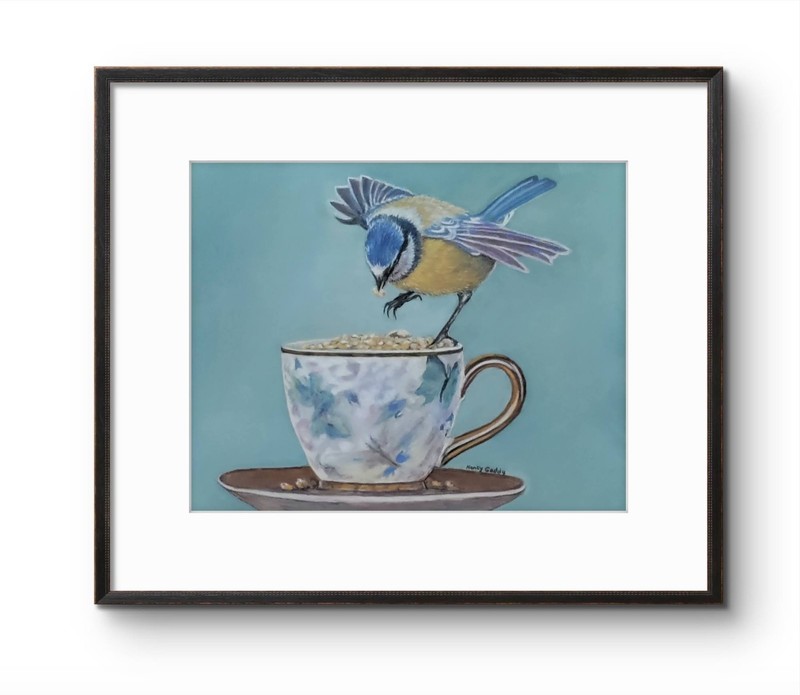 Original Expressive Tea Time Bird #1 14 x 11 Matted Pastel Painting