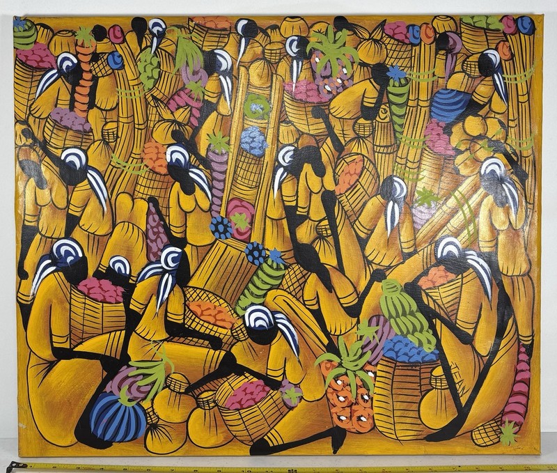 Vintage Signed JEAN Haitian Market Folk Art 23×19 Oil Painting on Cloth Canvas
