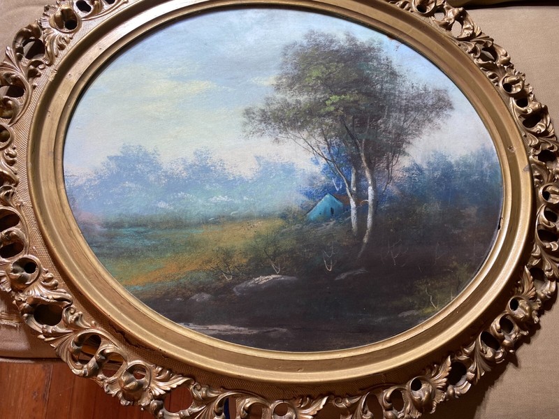 Stunning Antique Oval "Cabin In Forest Landscape Scene" Pastel Painting - Framed gallery