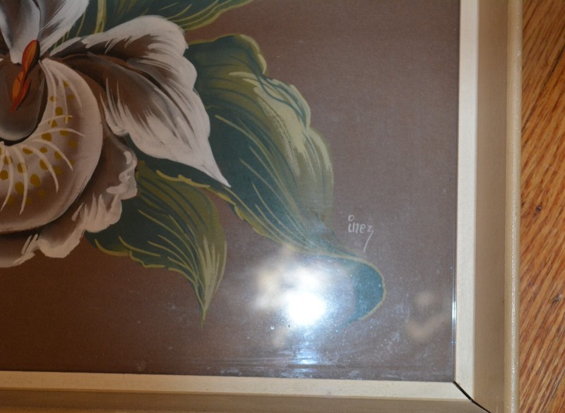 VTG Hand Painted Floral Framed Artwork G. INEZ MCM 13" x 13" Gouache Watercolor gallery
