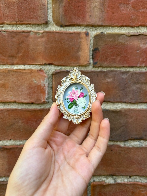 Original mini acrylic painting of flowers in handmade clay frame gallery