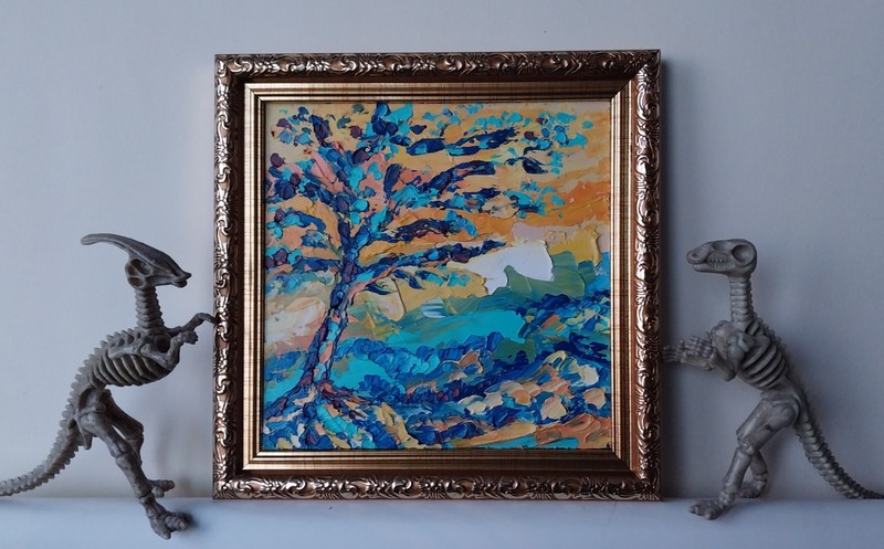Framed Abstract Tree Landscape Lonely Tree Art 6x6 Impasto Oil Painting Original gallery