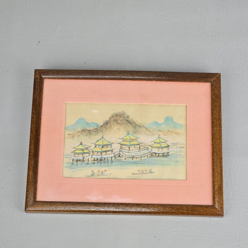 Vintage Chinese Watercolor Painting on Silk – Shore Line / Water / Mountains