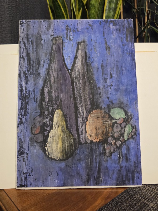 Mixed Media Still Life Of Fruit And Bottles 11.75×16.5 Unsigned