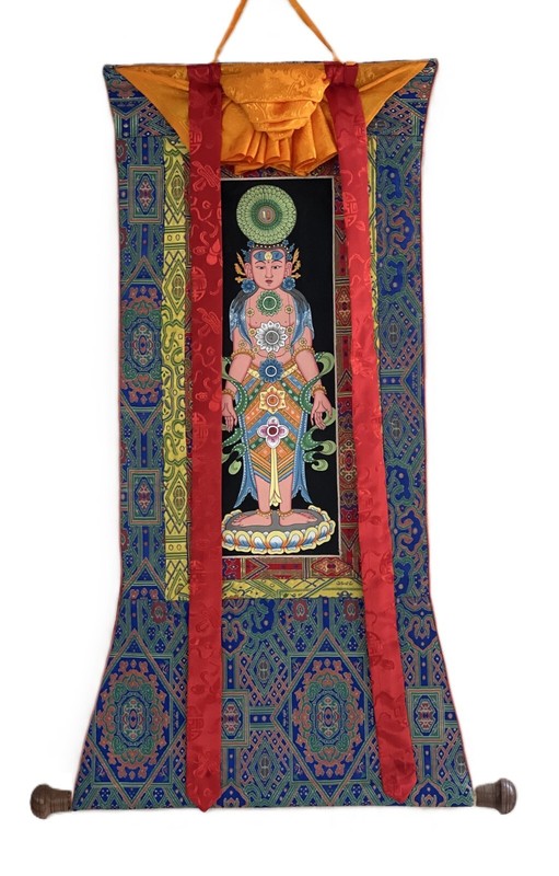 SEVEN VITAL CHAKRA ORIGINAL TIBETAN THANGKA PAINTING WITH PREMIUM SILK BROCADE