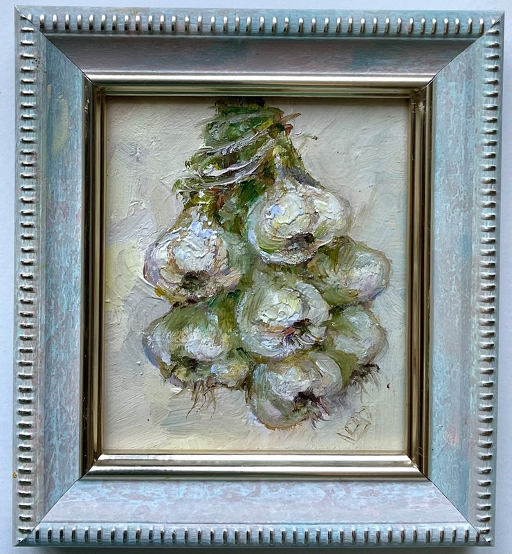 Original Oil Painting Garlic Still Life Impasto Mini Art 3x2.5 in Signed OS gallery