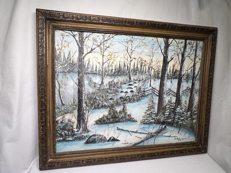 OOAK Vintage Oil Painting Winter Snow Creek Signed O R Baldwin 18.5x14.5” gallery