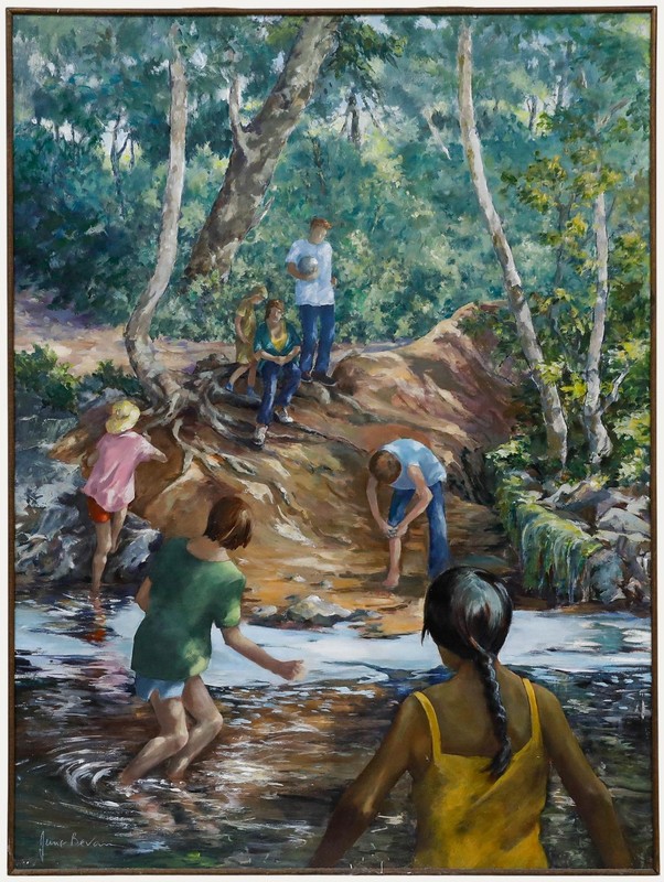 June Bevan (b.1927) – 20th Century Acrylic, Children Paddling in Bramhall Park