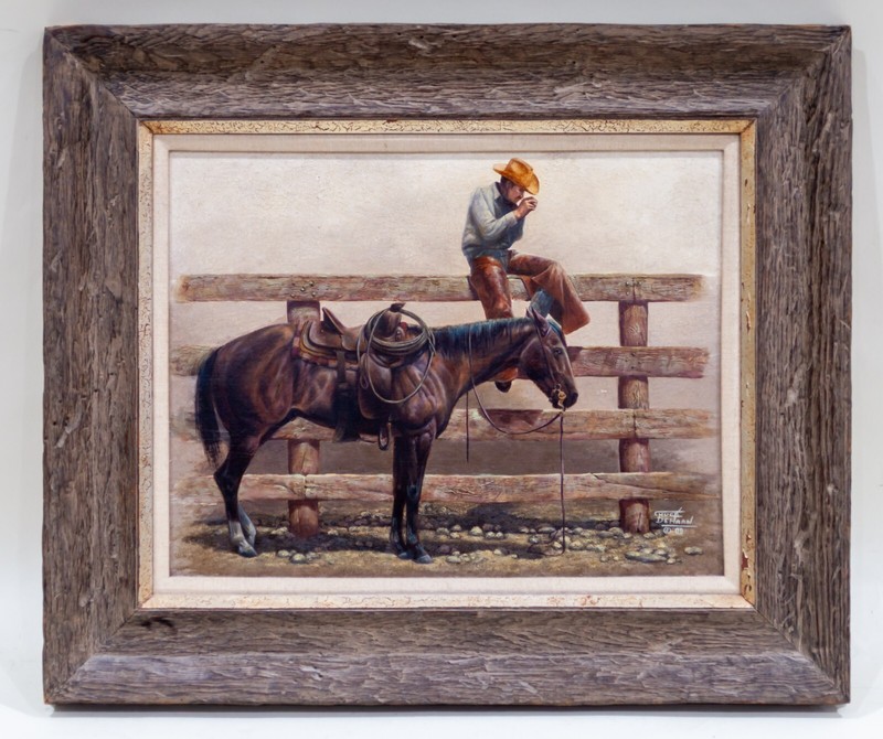 Untitled Signed Western Oil Painting on Board by Chuck Dehaan Framed 21″ x 25″
