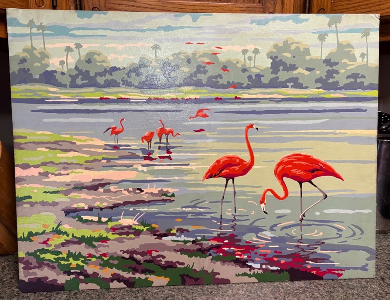 Vintage MCM Paint By Numbers FLAMINGO BAY Painting 24×18 Craftint 1950s