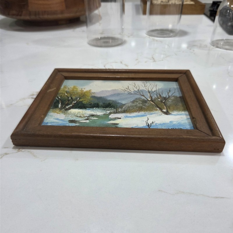 Vintage Original Oil Painting Signed LANGE Winter Creek Landscape Wood Frame gallery