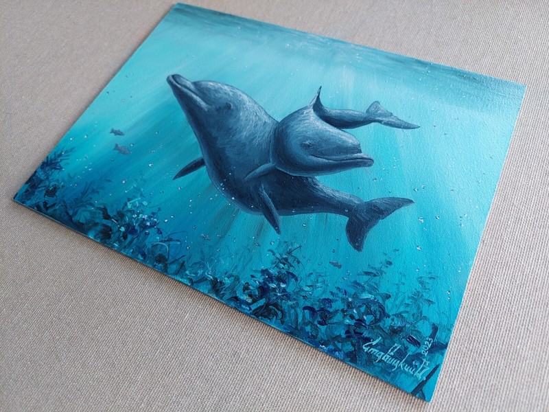Dolphin Oil painting. Pair of Dolphins, love in Turquoise Waters. Underwater Art gallery