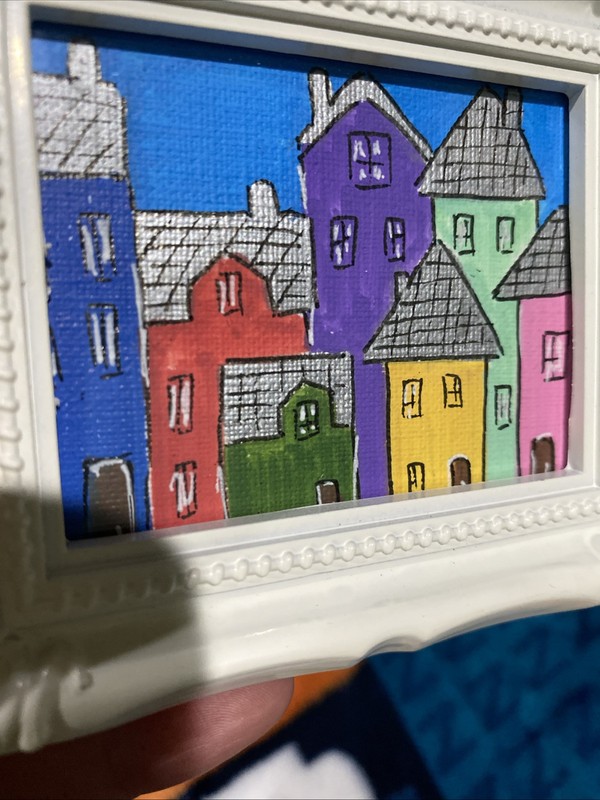 Houses,town,city,landscape ,Original Painting,framed,miniature,small,mini gallery