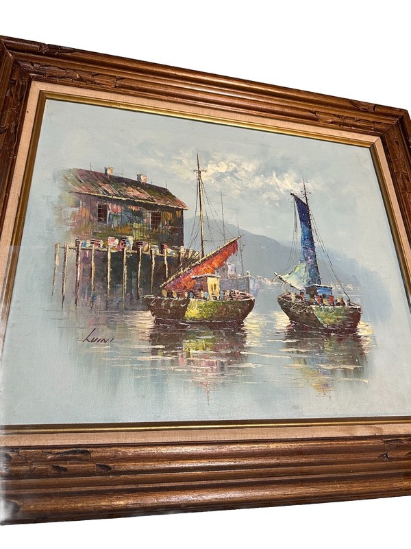 Vintage Original Oil On Canvas Signed Luini Fishing Boats At The Docks Framed gallery