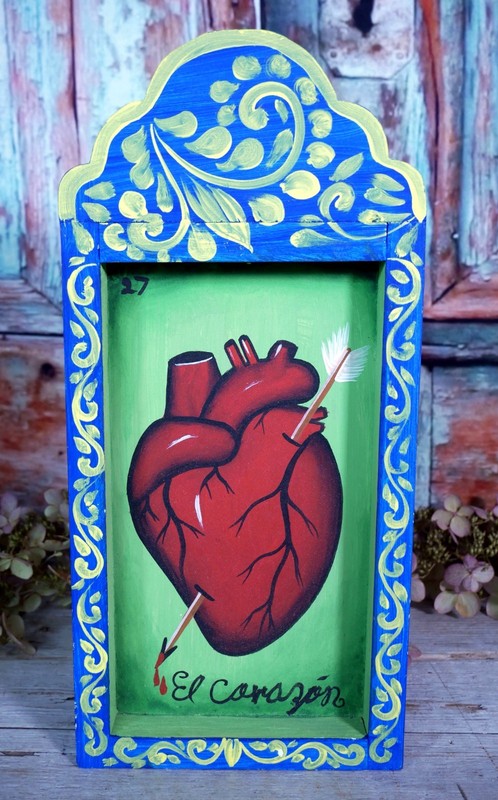 Heart Loteria Painting on Wood Retablo Handmade Hand Painted Mexican Folk Art