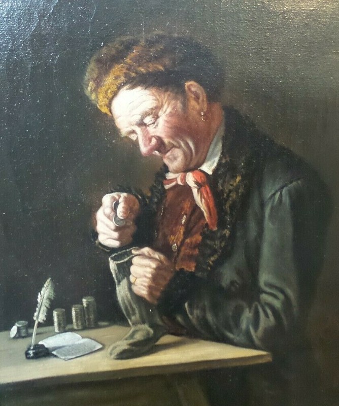 Antique 1886 German MAX KAUFMANN Oil on Canvas Painting Money Counting Merchant