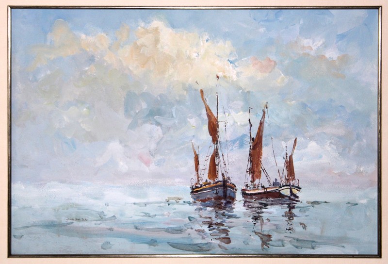 Gerald Edwin Tucker Watercolor Painting Sail Boats 17×25 Custom Matting 23×31 in