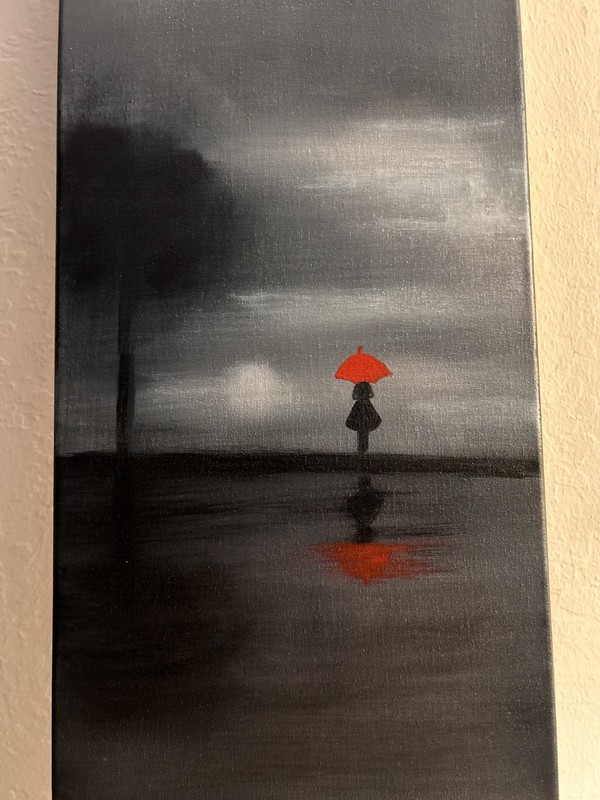 Red Umbrella – 10x30 Original Acrylic | Monochrome Landscape with Pop of Color gallery