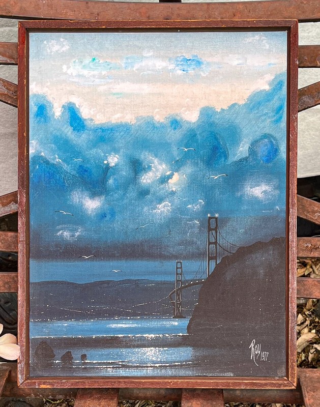 Original 1977 Contemporary Painting San Francisco Bay Golden Gate Bridge Signed