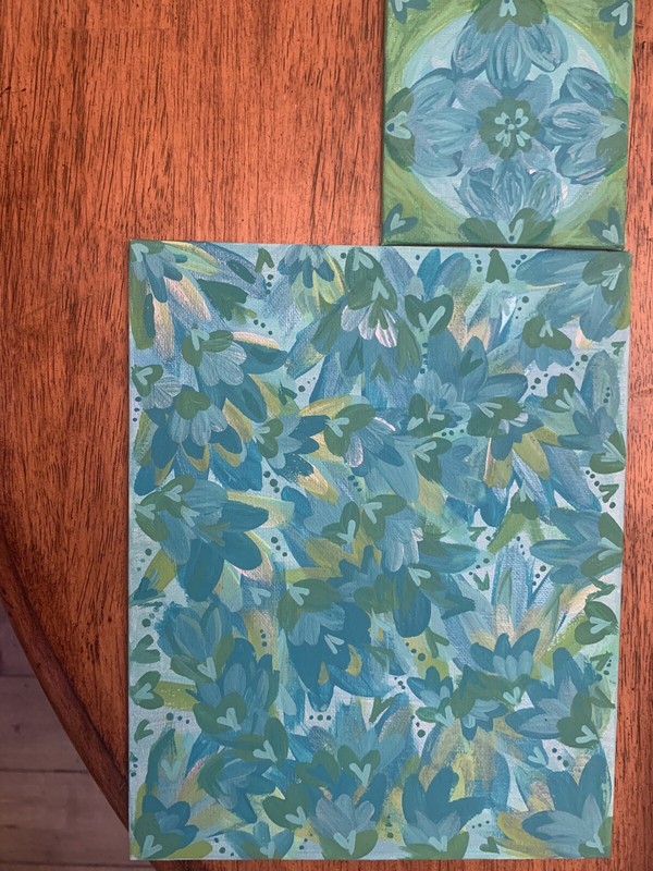 Blue And Teal Hearts And Flowers Abstract paintings Set By Deana Moodyvirgo Ooak