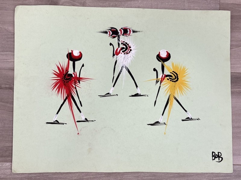 Mid Century Modern African Tribal Folk Art Gouache Painting Signed 14” x 10.5”