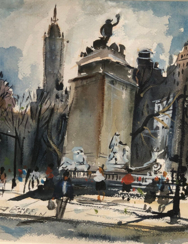 Central Park S., Statue, People 9 3/4 x 13 5/8 W/C Painting-1950s-James Carlin gallery