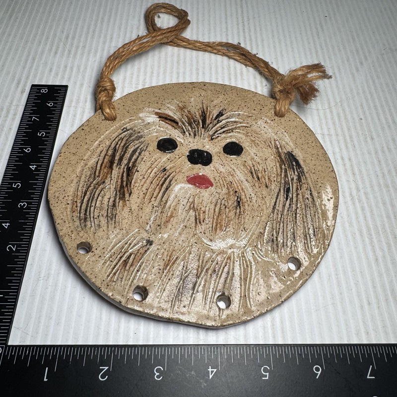 Handpainted Grey And White Shih Tzu On Stoneware Leather Wall Strap