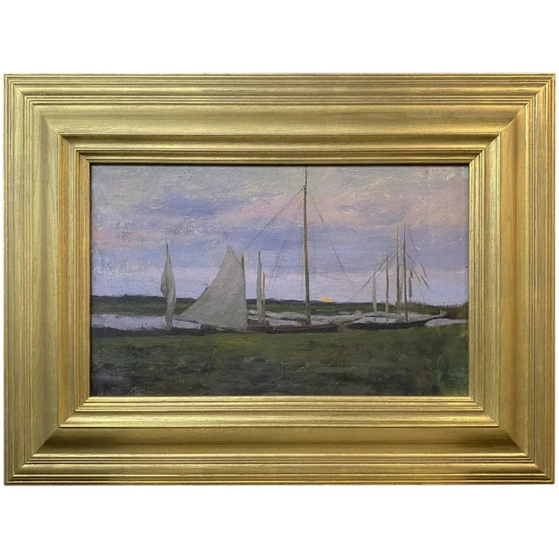 William Merritt Post Marine Oil Painting, Oyster Boats at Sunrise, Estate Stamp