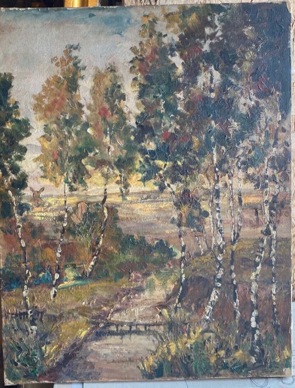 Oil Painting Autumn River Landscape With Birches