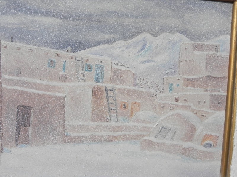 New Mexico art impressionist painting winter at Taos Pueblo signed E. Hofer gallery
