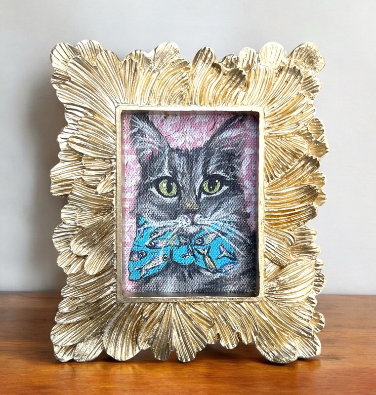 “Brunch Date” grey Tabby cat mini portrait wearing Sardine fish bow tie, framed