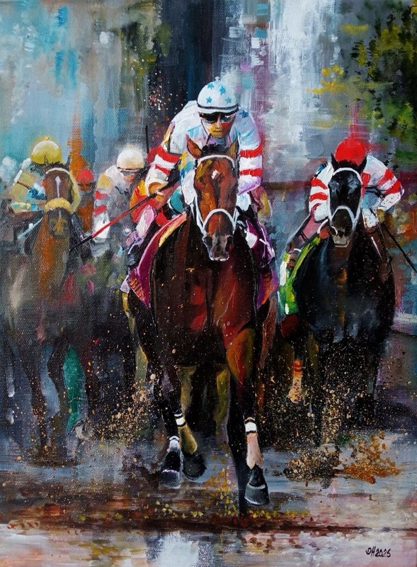 Original Oil Painting Horse Race Equestrian Art Racing Horses Canvas 40×30