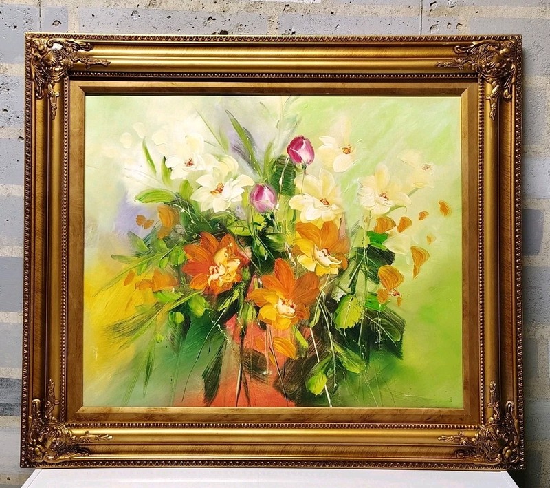 VTG 30" Original Oil Painting Floral Still Life Impression Ornate Gold Frame SEE gallery