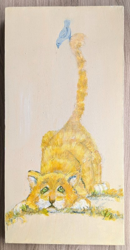 Whimsical Orange Cat & Bird Painting, Betty Anne Durant, Georgia USA