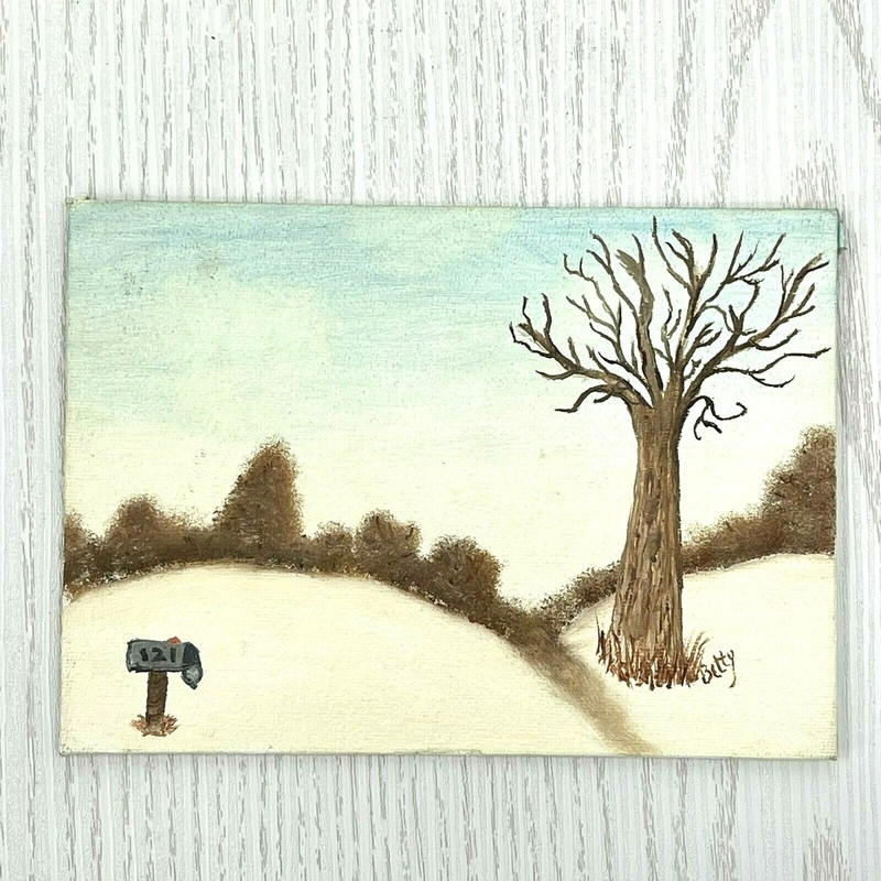 Original Painting Winter Scene by Betty Mailbox 121 5″x7″ Acrylic? Canvasboard