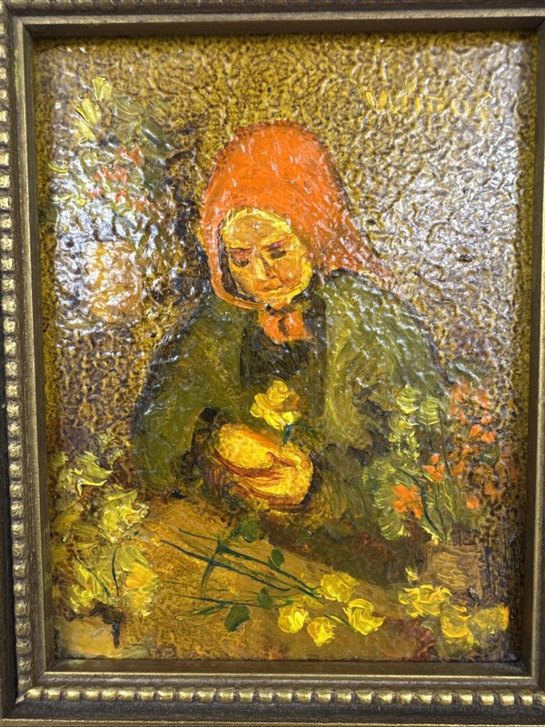 Ruth Vamos Oil Painting Old Woman With Flowers 5×4 Inches