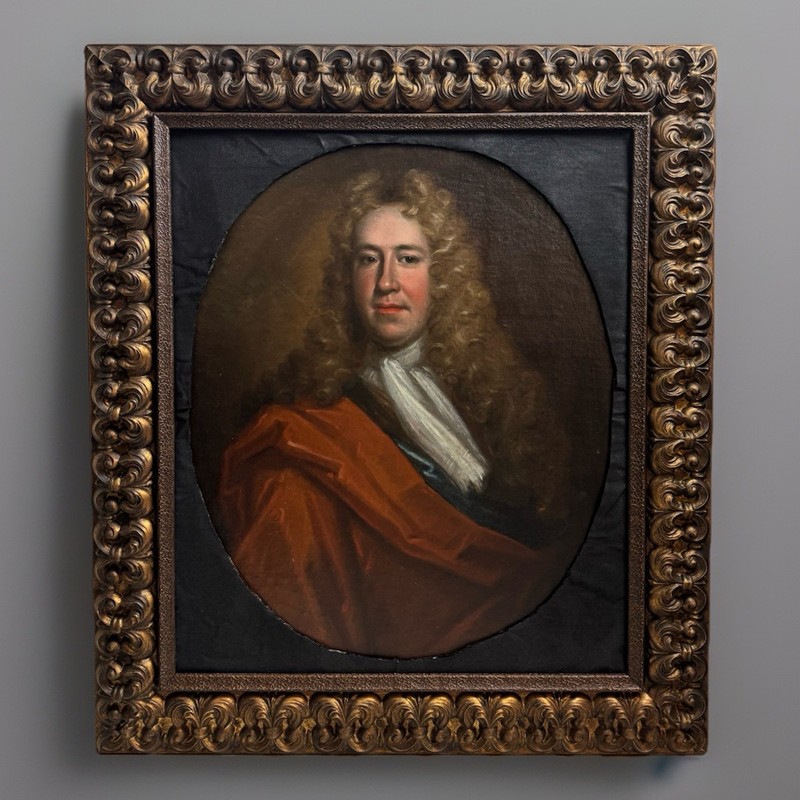 Antique Early 18th Century English Portrait of an Gentleman in Powdered Wig