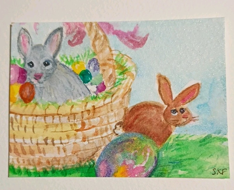 ACEO Original Bunny Rabbits, Easter basket, eggs watercolor painting gallery