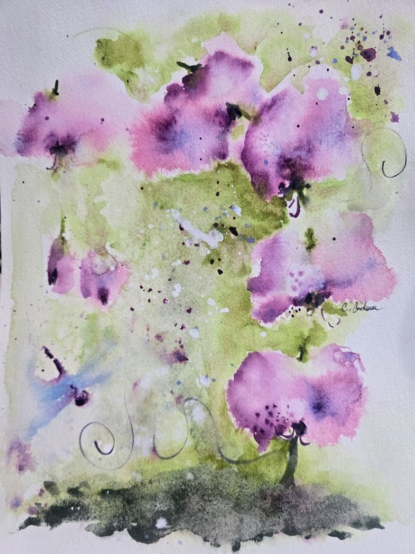 Original Signed Watercolor. 9 x 12″. Wall art. Purple. Orchid. Dragonfly.