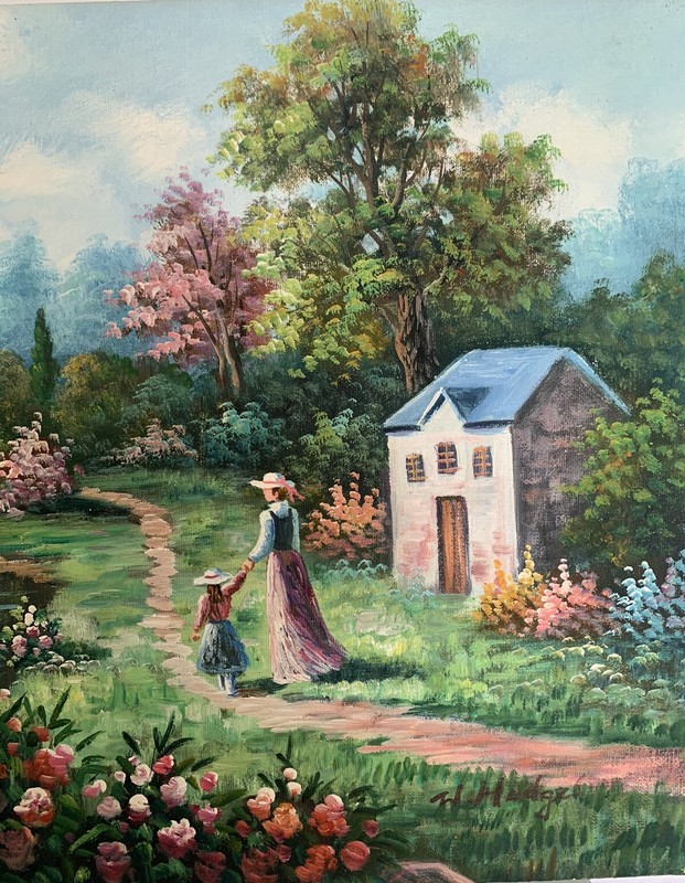Original W. Hodges Oil Painting Colorful Flowers Country Home Water Bridge Trees gallery