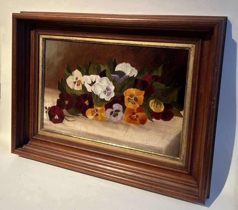 Victorian Oil On Panel Framed Painting Of Pansies Violet Flowers Folk Primitive gallery