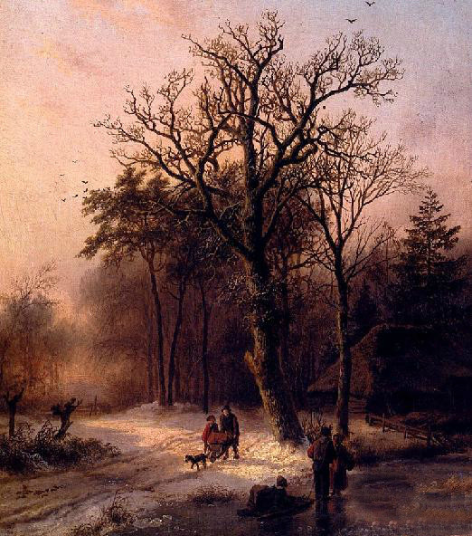 Handpainted Oil painting Forest In Winter sunset landscape with walkers canvas