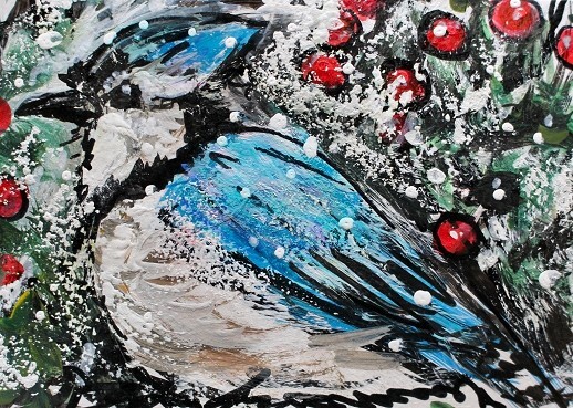 ORIGINAL ACEO PAINTING Eastern BLUE JAY Winter Blue BIRD Snow Animal Nature ART
